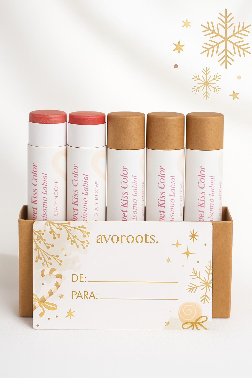 Pack de 5 Bálsamos Labiales con Color + Tarjetas de Regalo Personalizables